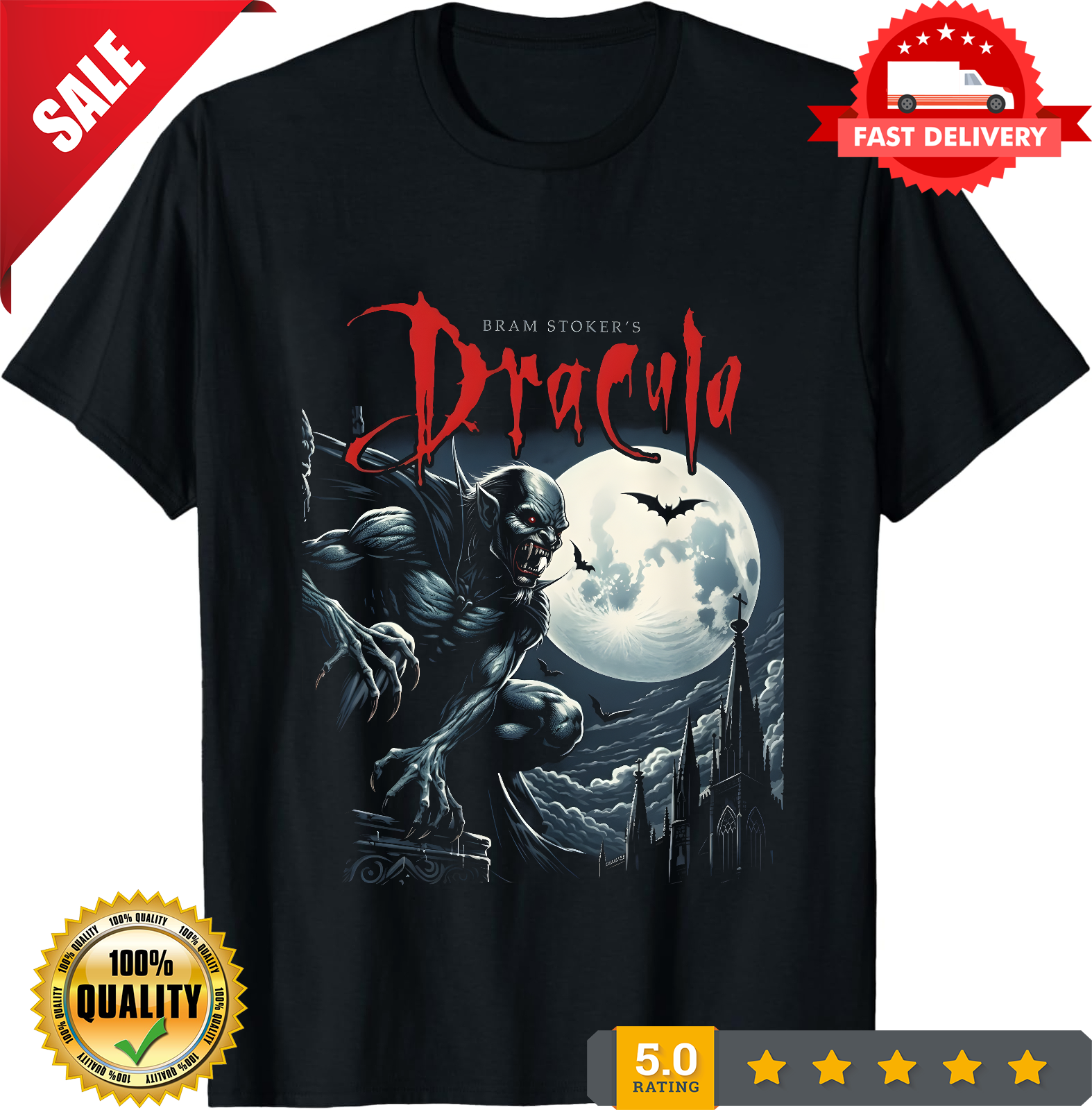 Bram Stokerâ€™s Dracula T Shirt - Vampire Classic Graphic Tee Halloween Art - New-TH82085