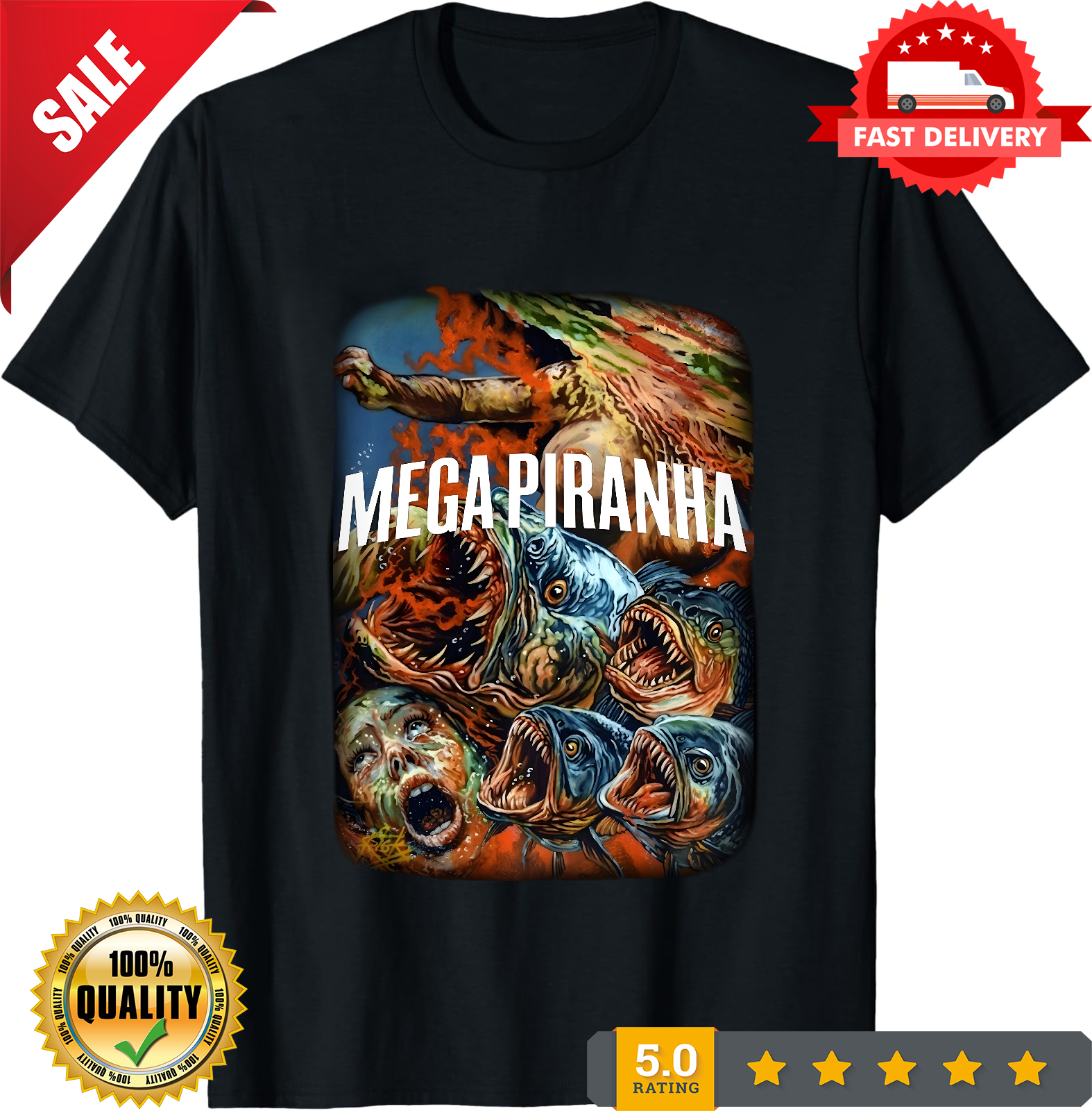 Horror B-Movie T-Shirt - Mega Piranha- Sizes S - 5XL - Gore Terror-TH82089