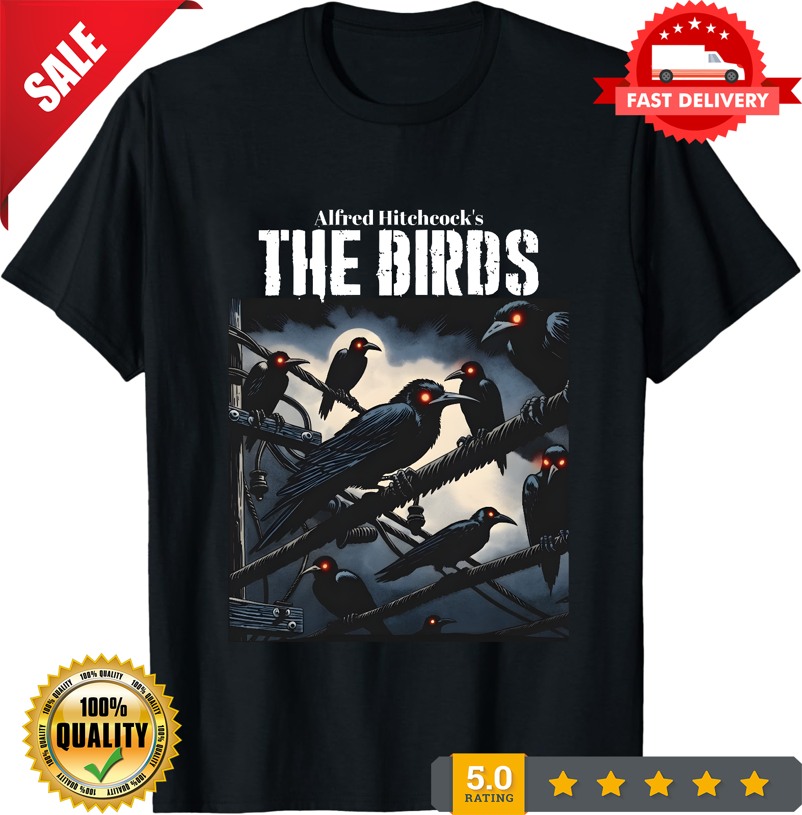 The Birds T Shirt - 60â€™s Alfred Hitchcock Horror Classic Graphic Art Tee - New-TH82090